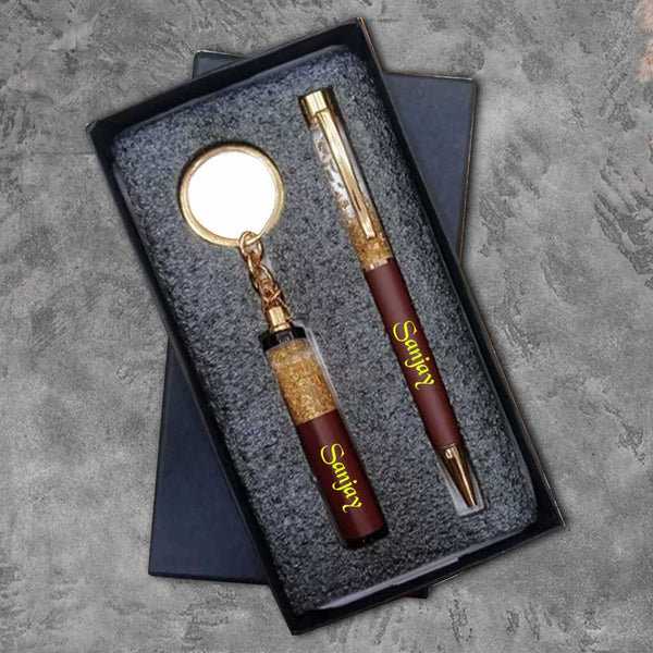 Personalized Pen Keychain Combo Gift Set - Brown - Uncommongifts.in